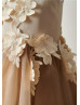 Tan Satin Tulle Knee Length Floral Flower Girl Dress